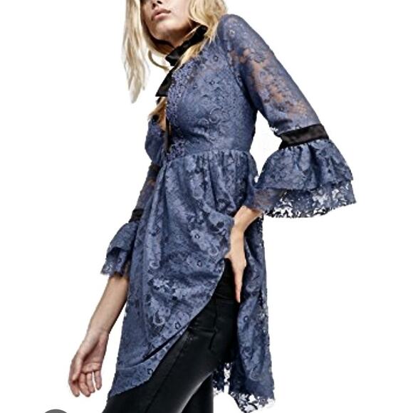 Free People Sz Small Blue Victorian Witchy Lace Trim Party Dress w/ Open Back - Picture 1 of 13